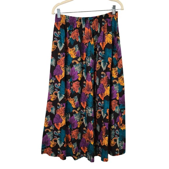 Vintage Womens M Fall Leaf Leaves Floral Pleated A-Line Skirt Black Multicolor - Picture 3 of 7